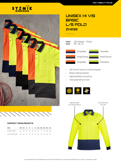 SYZMIK HI VIS BASIC SPLICED L/S POLO UNISEX