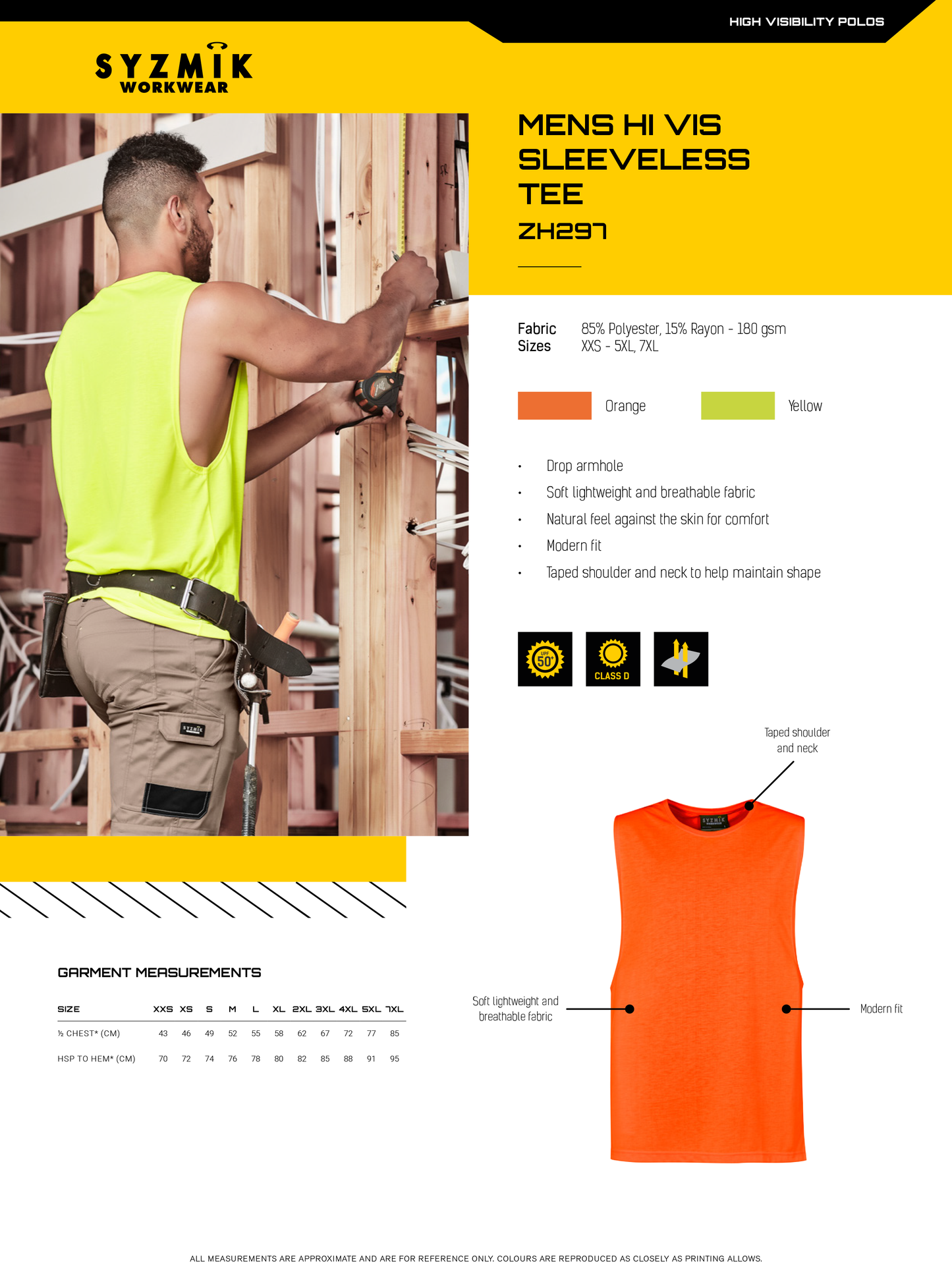 SYZMIK HI VIS SLEEVELESS TEE SHIRT MENS