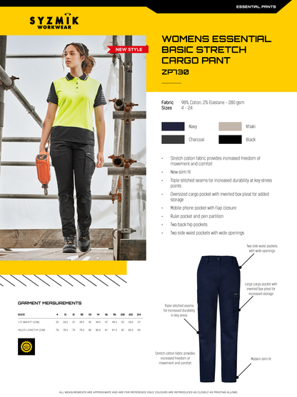 SYZMIK ESSENTIAL BASIC STRETCH CARGO PANT WOMENS