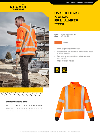 SYZMIK HI VIS X BACK RAIL JUMPER ORANGE-UNISEX